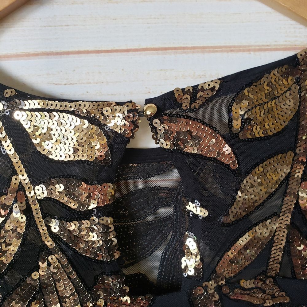 Maeve Anthropologie Short Sleeve Sheer Embellished Mini Dress Black Gold Size SP - Picture 12 of 15